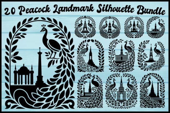 20 Peacock Landmark Silhouette Bundle: Graphics & Illustrations