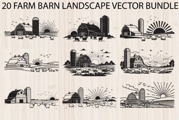 Farm Barn Landscape Bundle: Rustic Graphics & Illustrations