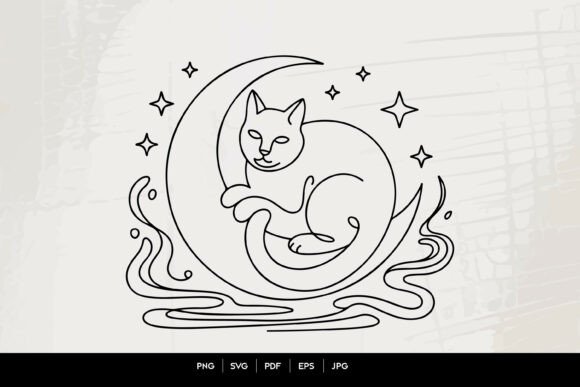Mystical Cat Moon Line Art SVG: Graphics & Illustrations