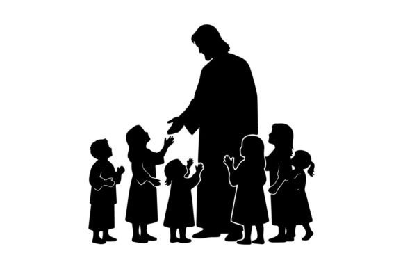 Silhouette of Adult Guiding Children Han