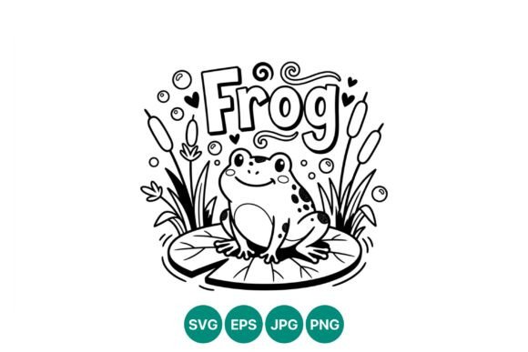 Smiling Frog on Lily Pad Line Art Graphics