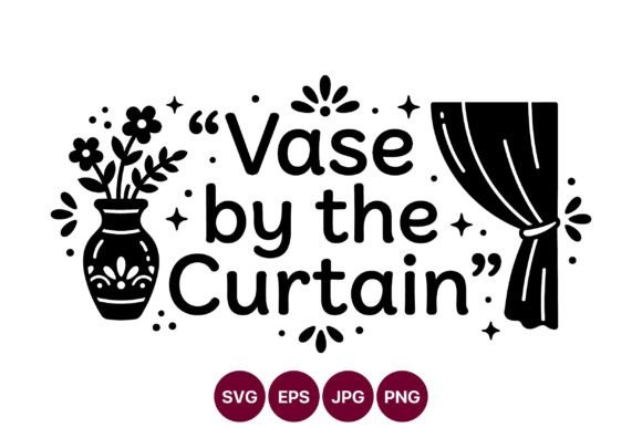Vase by the Curtain Black White Vector Graphics