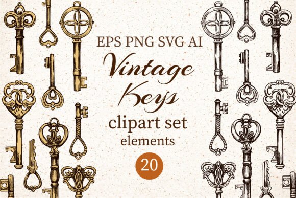 Vintage Key Clipart Hand Drawn Set: Graphics & Illustrations